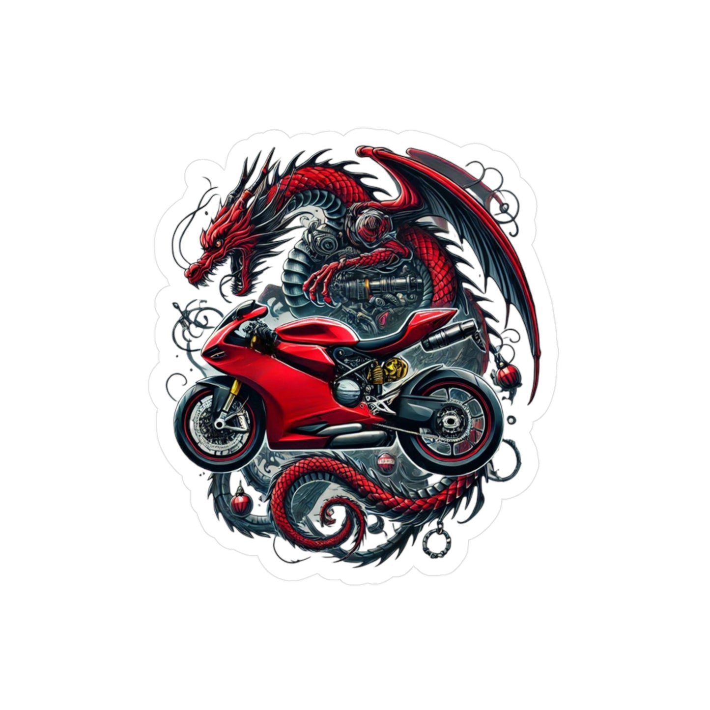 Motorcycle Dragon Kiss-Cut Vinyl Sticker — Red Sportbike & Chinese Dragon Decal
