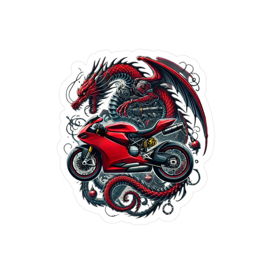 Motorcycle Dragon Kiss-Cut Vinyl Sticker — Red Sportbike & Chinese Dragon Decal