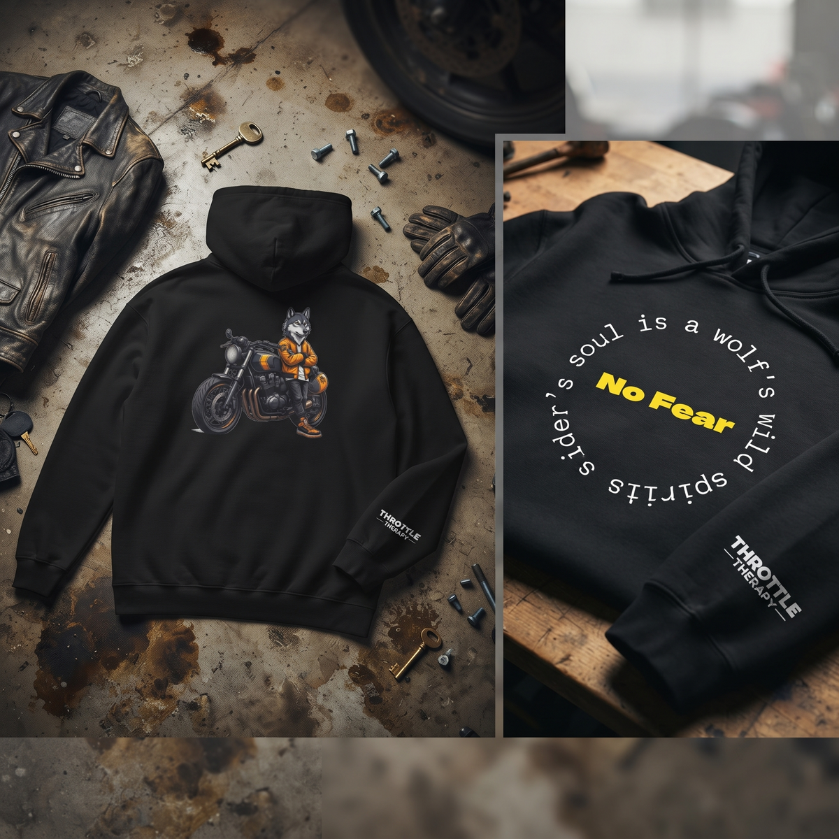 The Midnight Wolf Rider - Premium Handcrafted Moto Fleece Hoodie