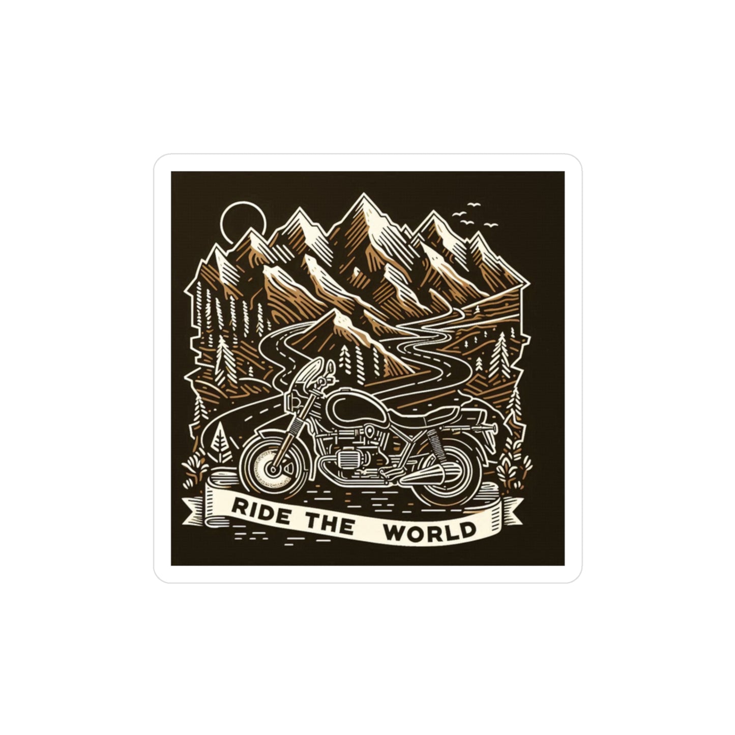Motorcycle Mountain Sticker — "Ride The World" Kiss-Cut Vinyl Decal