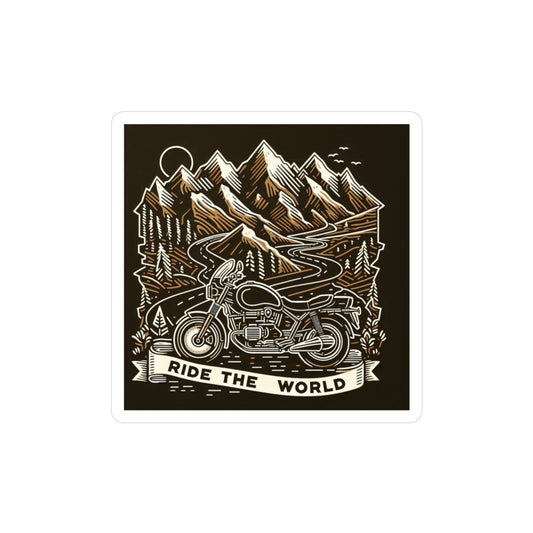 Motorcycle Mountain Sticker — "Ride The World" Kiss-Cut Vinyl Decal